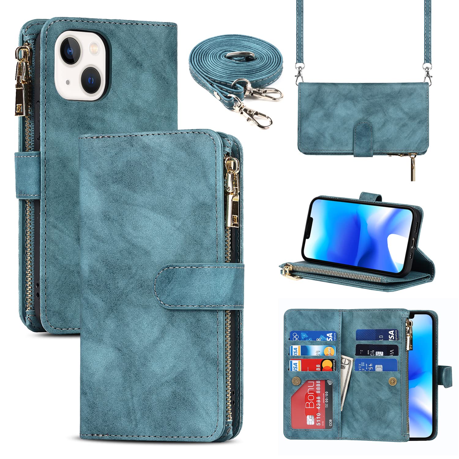 Cavor Compatible with iPhone 14 Plus Case With Card Holder With Strap,Flip Leather Crossbody Women Wallet Case,[9 Card Holders][2 Lanyards],Cover Phone Case Compatible with iPhone 14 Plus - Light Blue