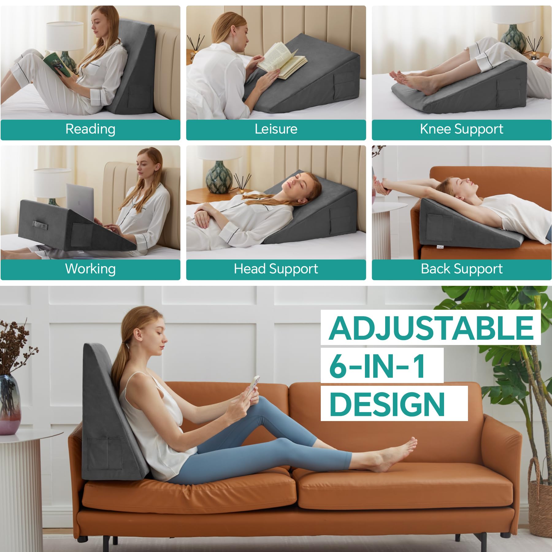 Bedluxe Wedge Pillow, 10 inch Bed Wedge Pillow for Headboard, Pillow Wedge for Acid Reflux Relief, Sleeping, After Surgery, Snoring, Gerd, Triangle Pillow Wedge - Cooling Memory Foam Top, Plush Grey