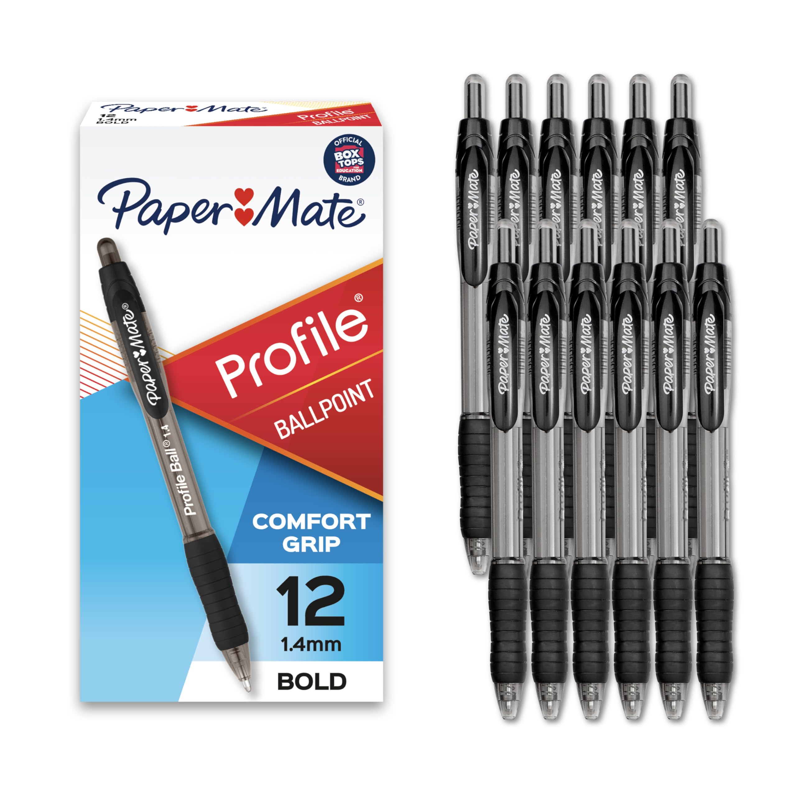 Paper Mate Profile Retractable Ballpoint Pens, Bold Point (1.4mm), Black, 144 Count, Pack of 12