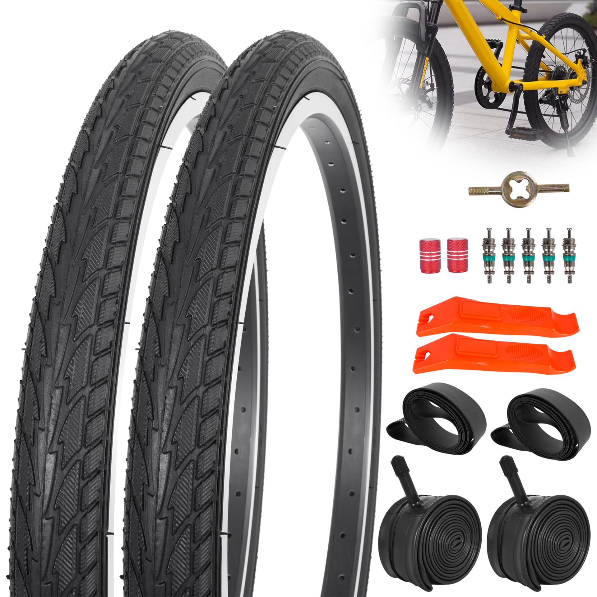 Photo 1 of RUHUO 2Sets 20x1.75 Street Tires and Tubes, Puncture Resistant Folding Bike Tire Sets 47-406 Compatible with Road Bike Street Bicycle E-Bike Wheelchair Low Resistance All Black Sidewall