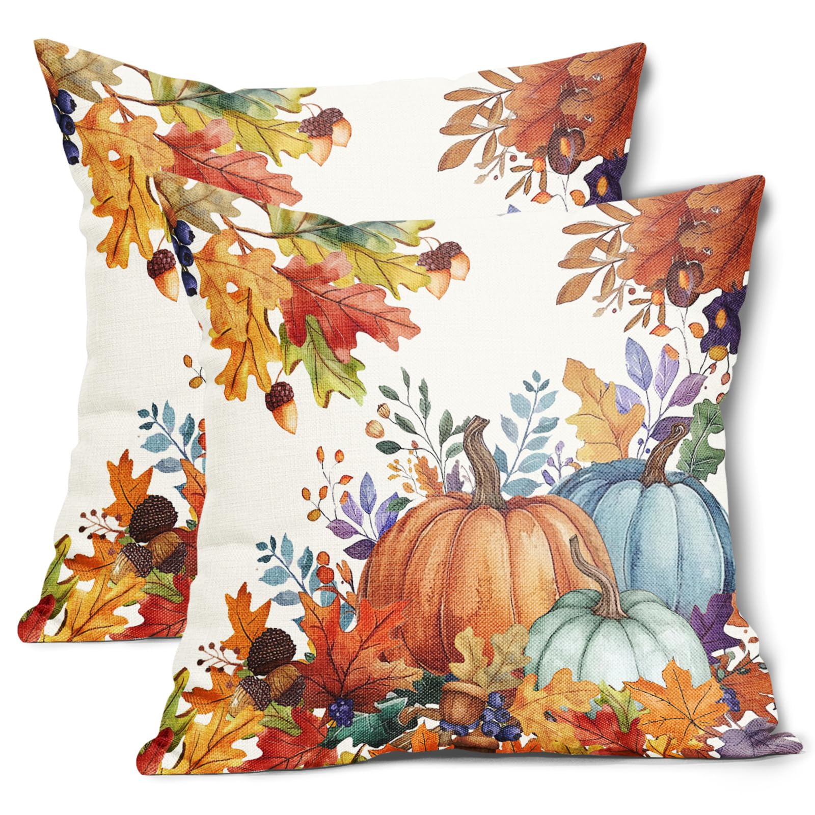Photo 1 of **2 pack****Fall Pumpkin Pillow Covers 18x18 Inch Set of 2 Watercolor Pumpkin Fallen Leaves Cotton Linen Decorative Throw Pillow Case Autumn Thanksgiving Cushion Covers for Bedroom Sofa Living Room Chair