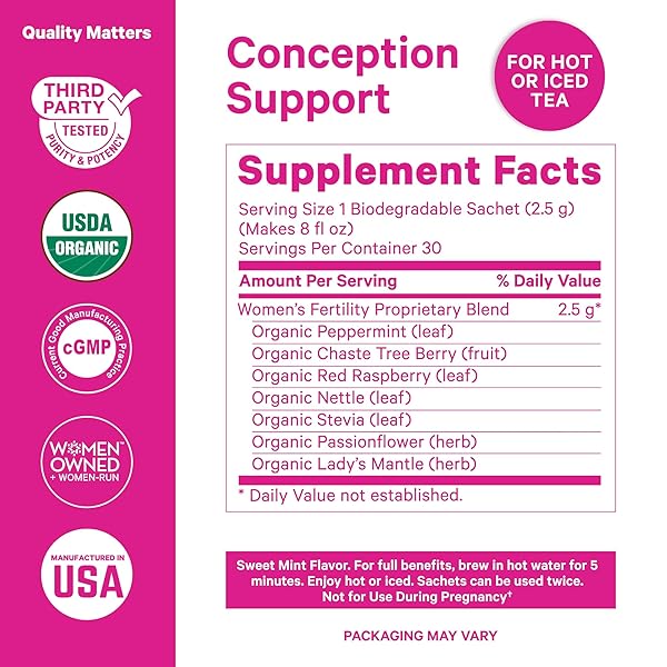 PINK STORK ORGANIC FERTILITY TEA – SUPPORTS CONCEPTION FOR HER & HORMONE BALANCE WITH CHASTE TREE BERRY (VITEX), MINT, AND RED RASPBERRY LEAF – HOT OR ICED – CAFFEINE FREE – SWEET MINT, 15 SACHETS