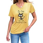Women's I'm Fine Everything is Fine T Shirts Funny Sayings Casual V-Neck T Shirt Cute Cat Graphic Tee Sarcastic Shirts
