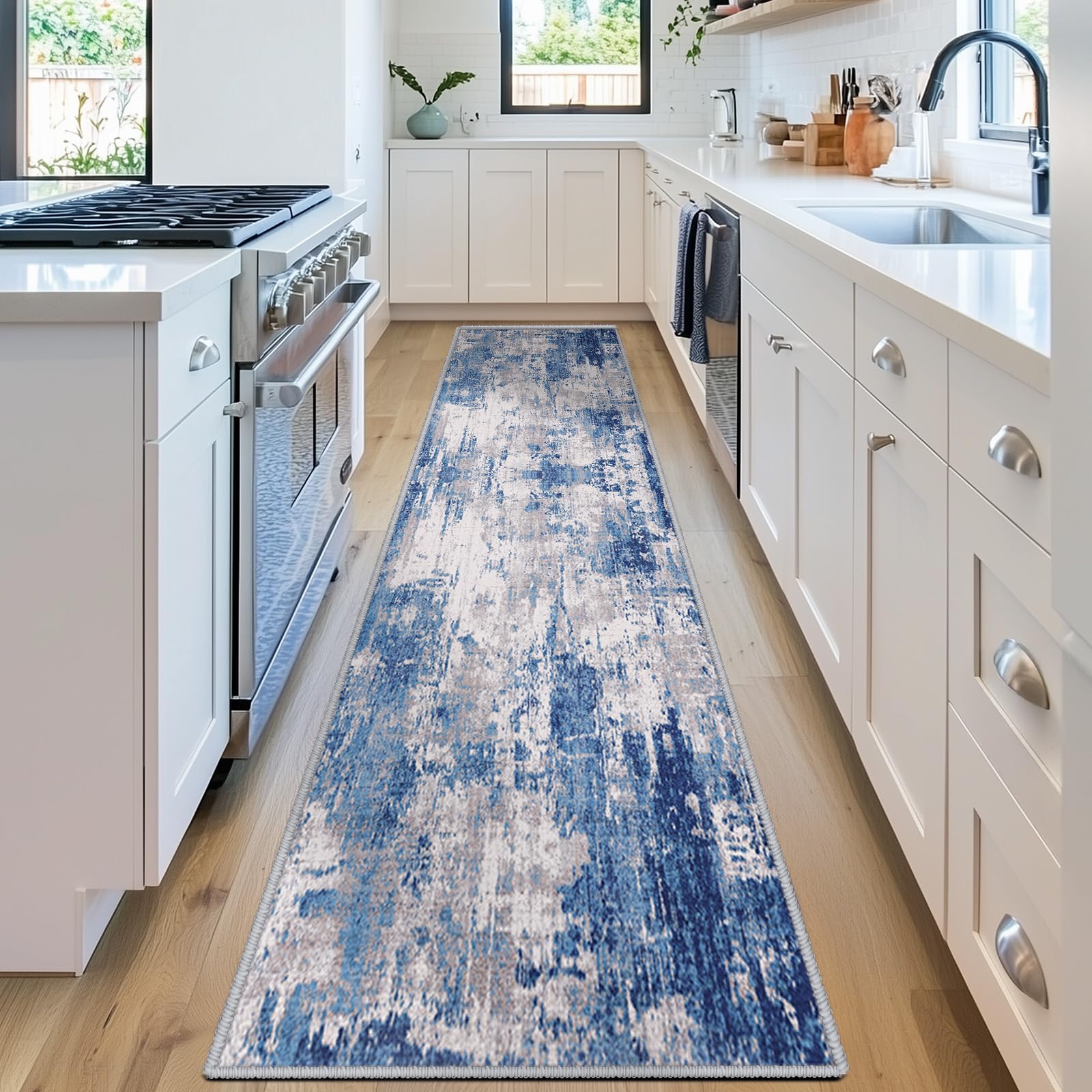 Photo 1 of RELEANY Washable Area Rugs 2'x8' Non-Slip Modern Abstract Soft for Living Room Entryway Bedroom Nursery, Print Pattern, Blue Grey Navy Gray