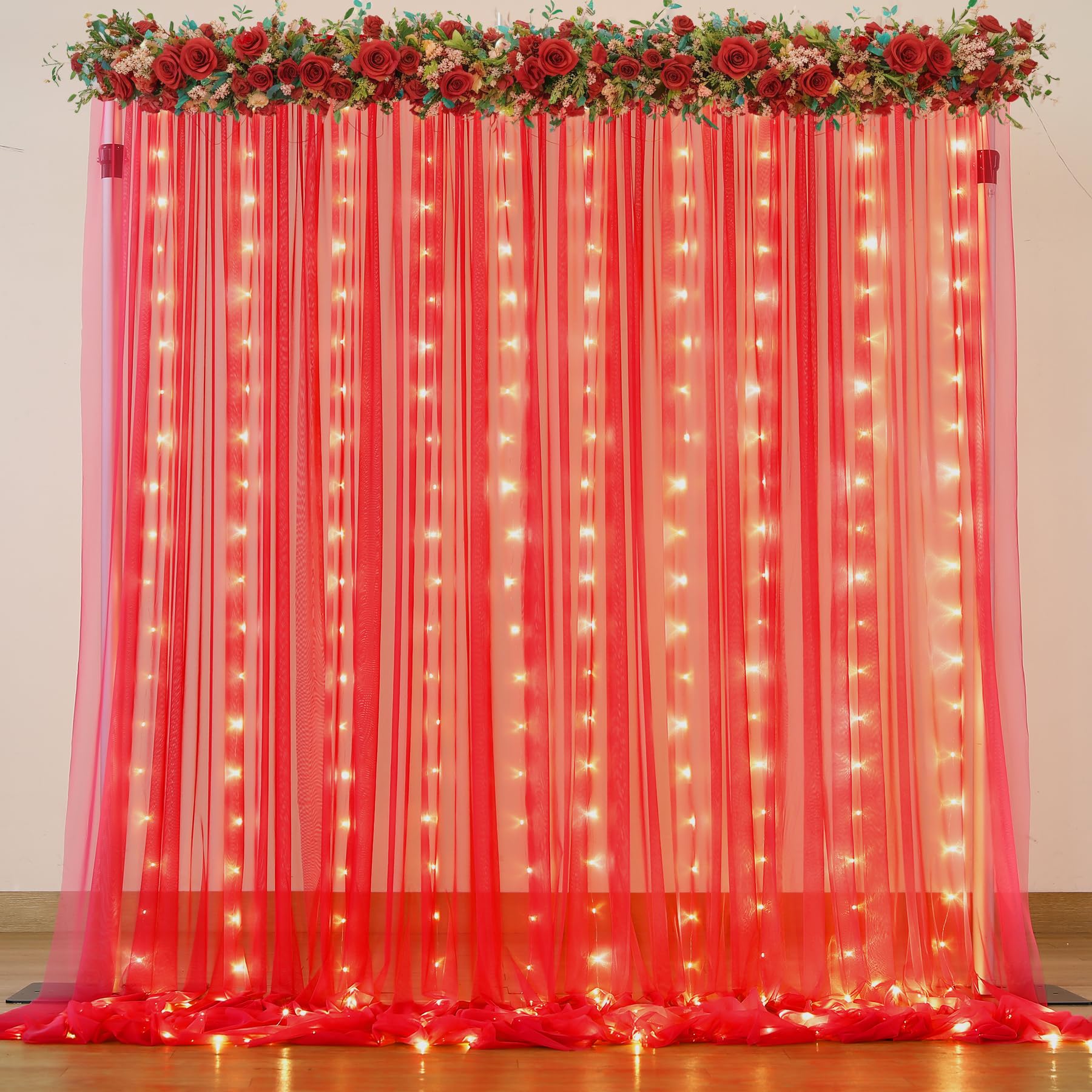 Photo 1 of Red Tulle Backdrop Curtain with Lights String for Parites 10x8ft Red Sheer Backdrop Curtains Drapes for Birthday Party Bridal Shower Baby Shower Christmas Wall Photo Booth Background Decorations