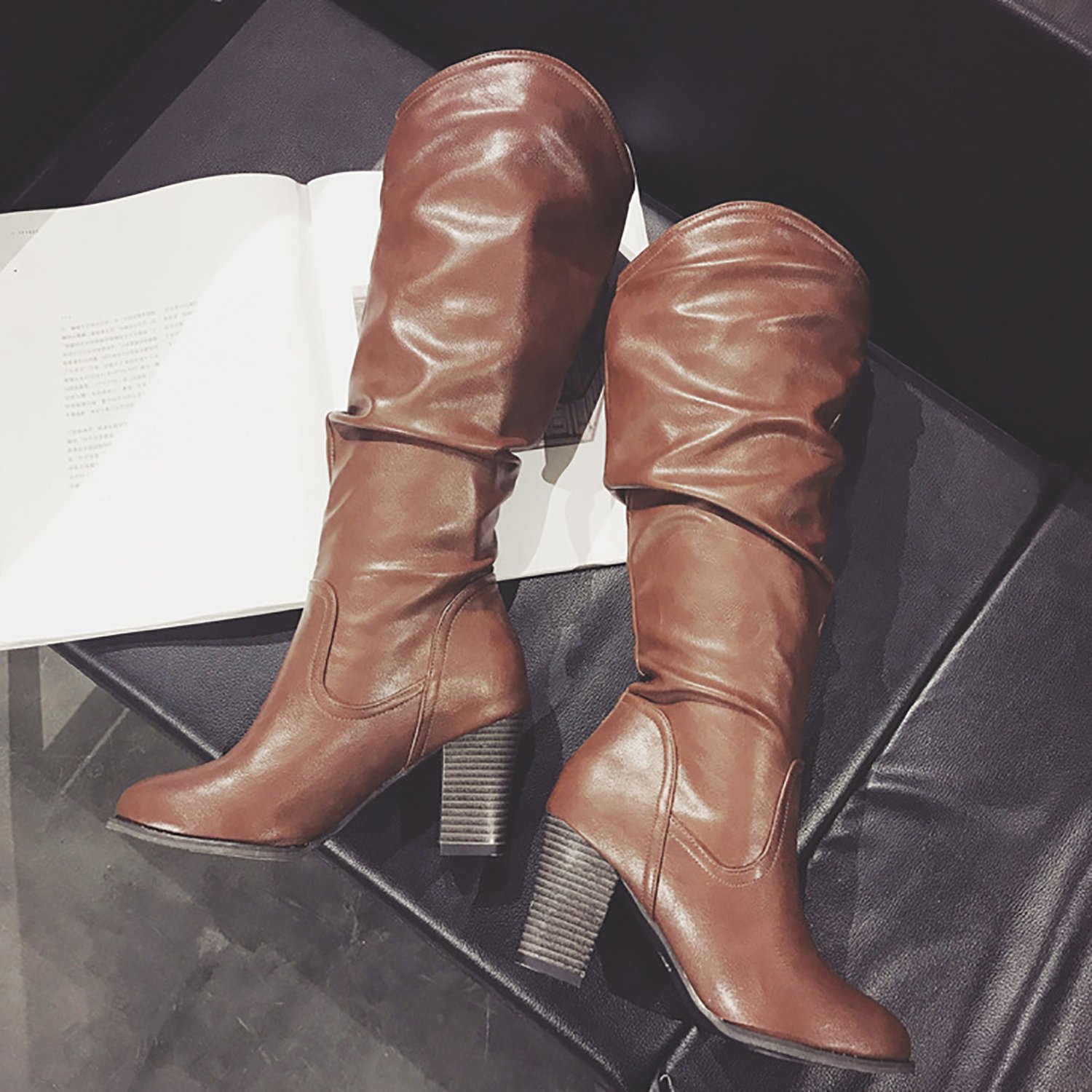 Odema Women's PU Leather Block Chunky High Heels Mid-Calf Slouch Riding Boots Brown - Image 3