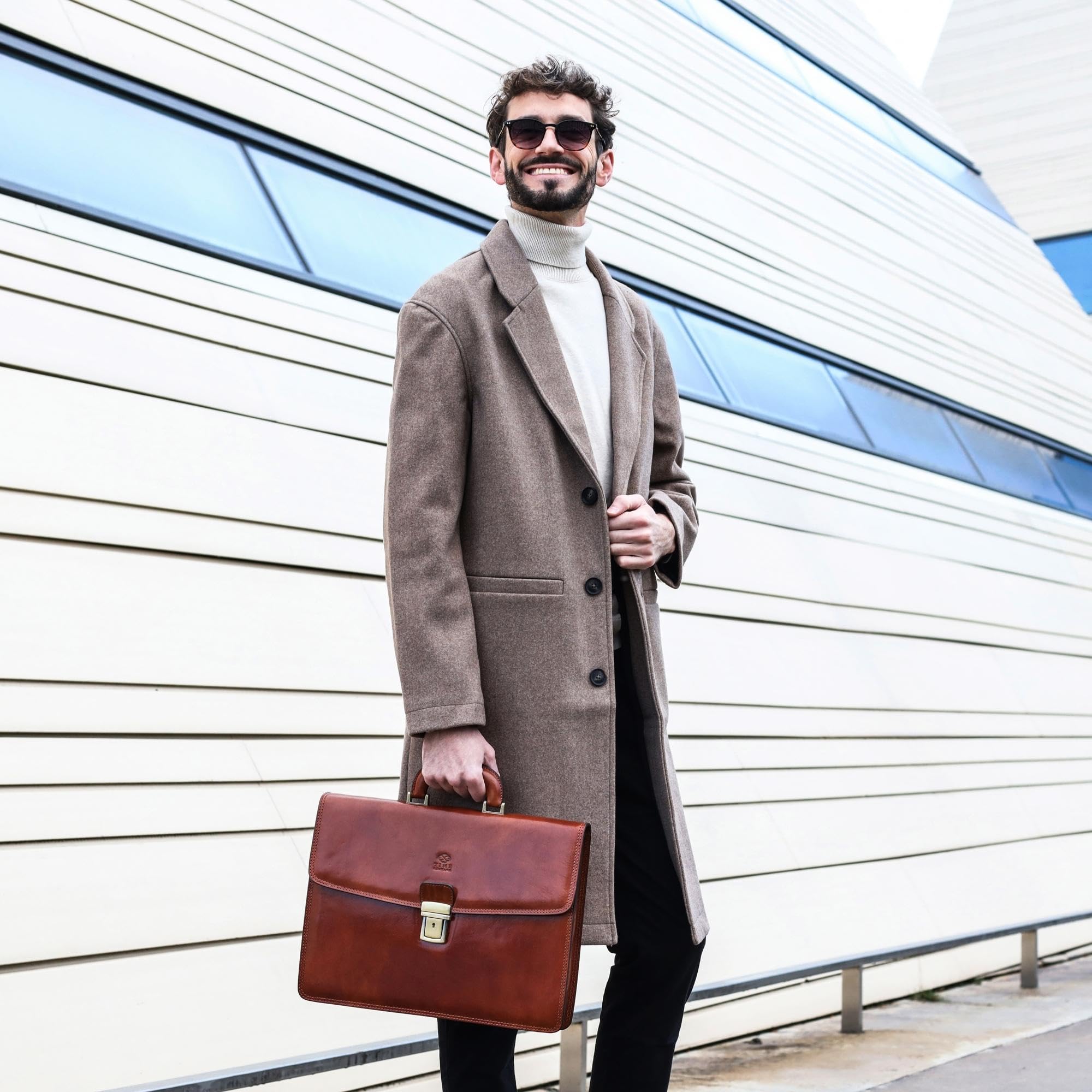 Time Resistance Leather Briefcase - Italian Handmade Leather Laptop Bag - Handbag for Men - Professional Computer Case