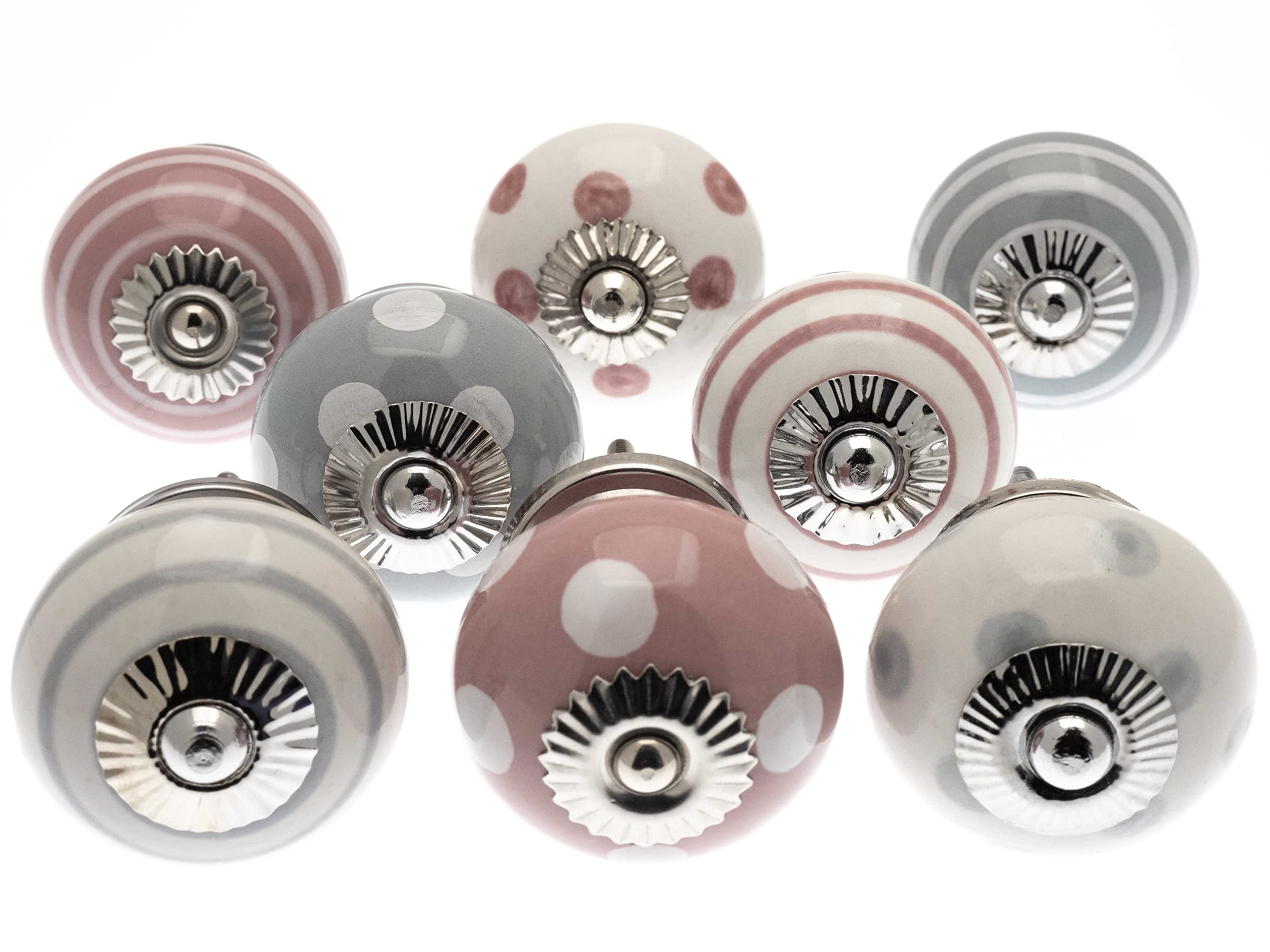 Mango Tree Cupboard Knobs - Decorative Pink, Grey and White with Dots, Spots and Stripes Ceramic Door and Drawer Handles – Vintage Home Décor Set of 8