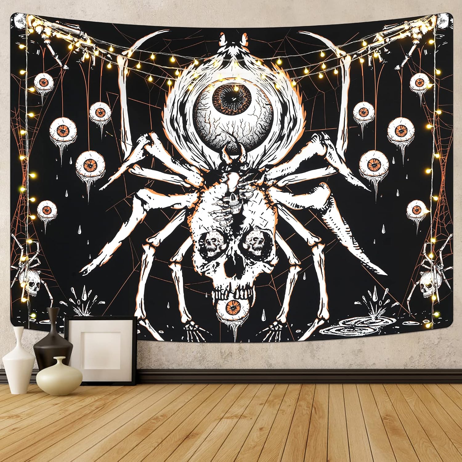 Tapestries - Boniboni Skull Tapestry Hippie Eyes Tapestries Black and White Tapestry Spider Skeleton Tapestry Scary Spider Web Tapestry Wall Hanging for Room(51.2 x 59.1 inches)