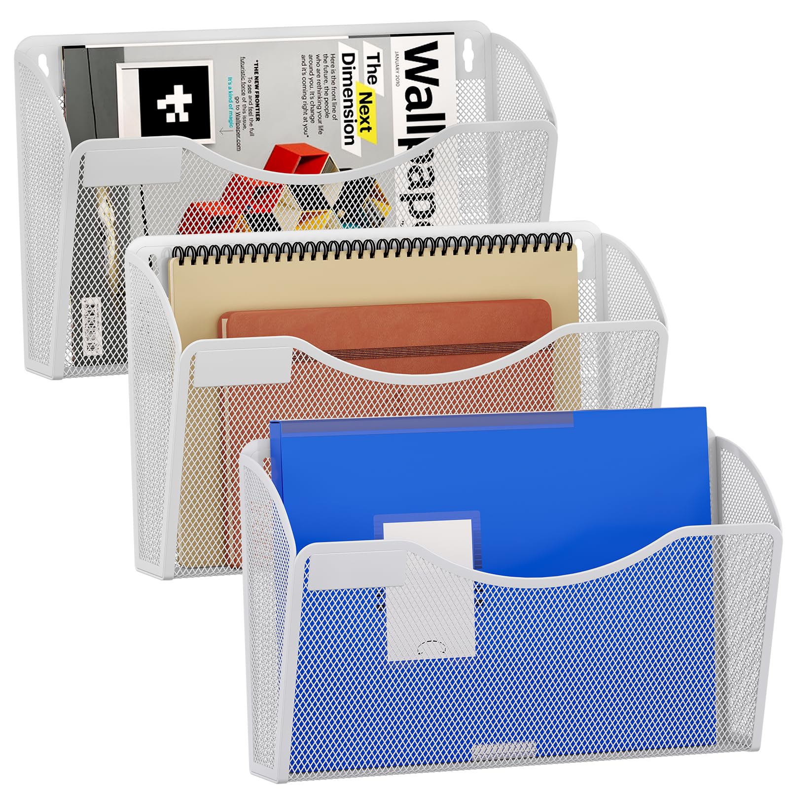 EasyPAG 3 Pocket Landscape A4 Mesh Hanging Wall Mounted File Holder Mail Organiser Magazine Storage with Label Plate,Pack of 3,White