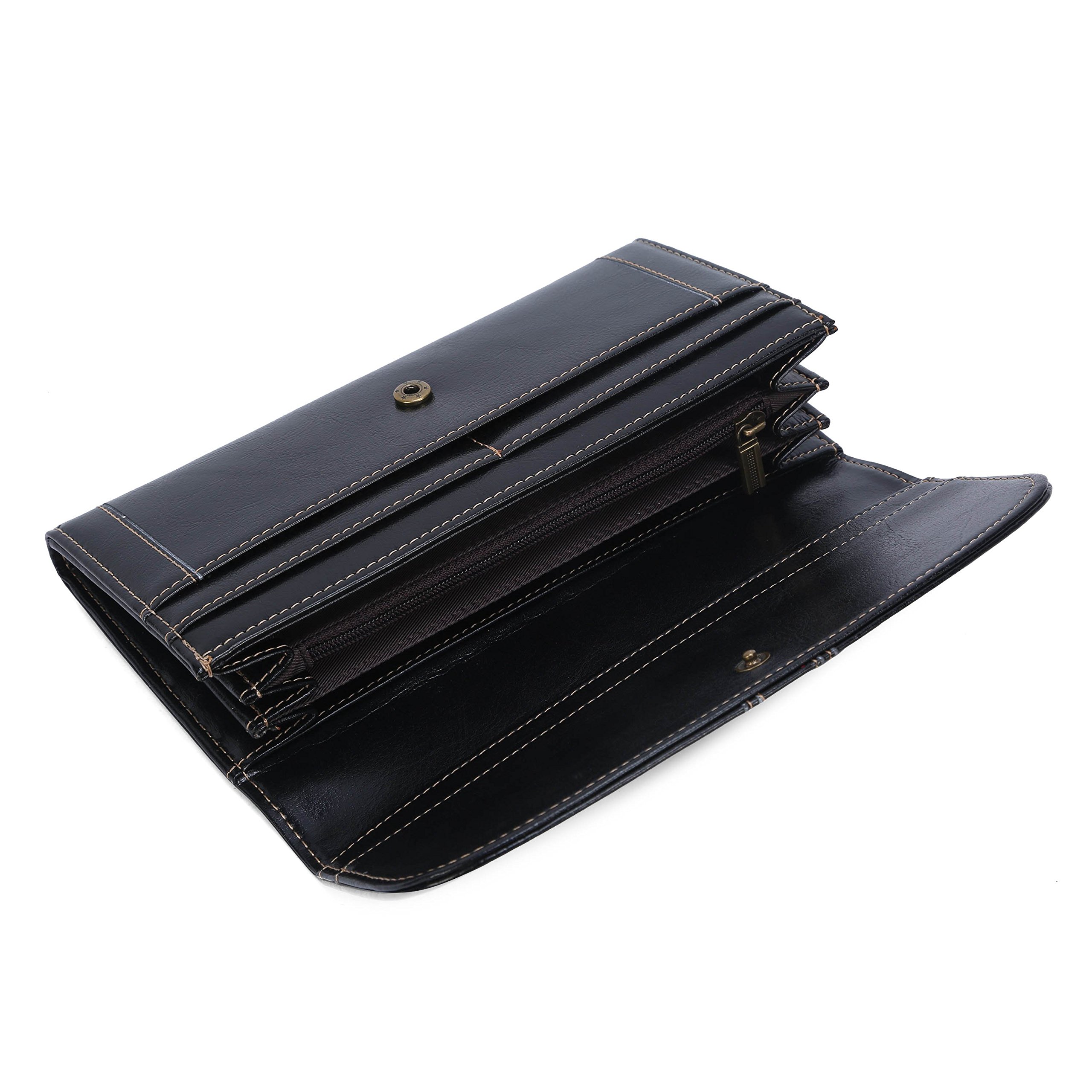 Carteras de Cuero Genuino Monedero para Mujeres RFID Bloqueo Cera de Lujo Piel Gran Capacidad Bolso de la señora-Negro