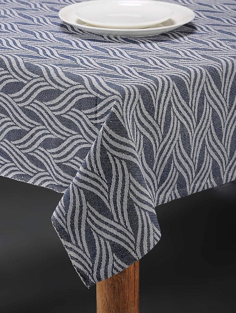 NEUDIS Jacquard Cotton Table Cover Designer Tablecloth for 4 Seater Dining Table- Blue & White- 60 X 60 inches
