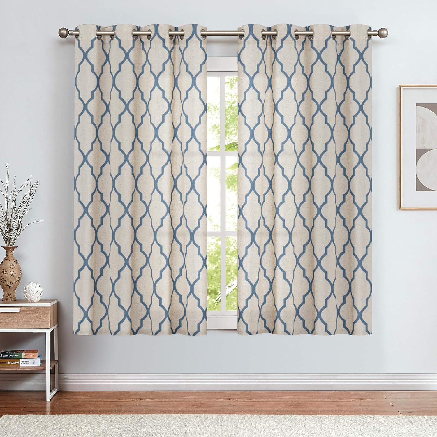 JINCHAN Moroccan Tile Print Curtains for Living Room Quatrefoil Flax Linen Blend Textured Geometry Lattice Grommet Window Treatment Set for Bedroom 50" W x 45" L 2 Panels Blue on Beige: Kitchen & Dining