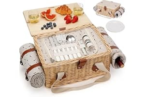 HappyPicnic Picnic Basket for 2, Handmade Wicker Picnic Set with Folding Table and Waterproof Blanket, Large Insulated Picnic Basket with Wine Bag & Cutlery Kit for Picnic, Camping, Holidays (Cherry)