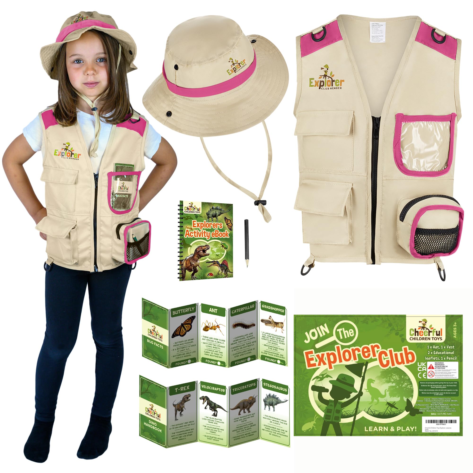 Cheerful Children Toys Kids Explorer Costume Kit - Safari Vest and hat plus Dinosaur and Bug Educational Handbooks. Dress up, Halloween, Outdoor Adventures and Role play. For 3-7 year olds - Pink โ image 1