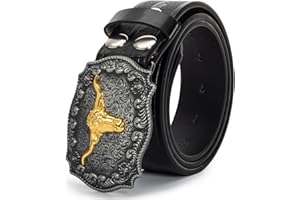 Bawnhaw Western Cowboy-Belts for Men Big-Buckle Longhorn-Bull PU-Leather Rodeo Cowgirl-Belt Engraved Floral - Waist 25-38"