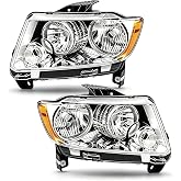 Pair Headlights Assembly Compatible with 2011-2013 Jeep Grand Cherokee &amp; 2011-2017 Jeep Compass White Halogen Headlights Headlamps Driver and Passenger Side