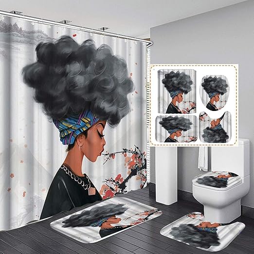 Amazon Com Fashion Man 4pcs Set Plum Flower African Woman Shower Curtain Waterproof Cloth Polyester Bath Curtain Bathroom Rugs Bath Mat Toilet Lid Cover Exotic Afro Girl Lady Bathroom Decor 72 X72 Grey Home Kitchen