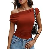 DCCISU Women's Off The Shoulder Tops Ribbed Knit Ruched Asymmetrical Top Going Out Slim Fit Party Shirts