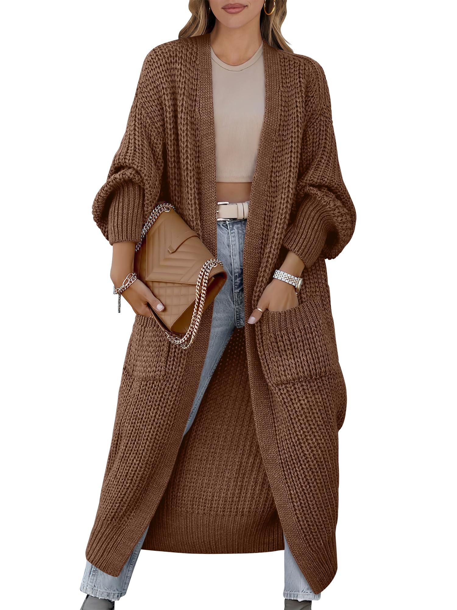 Photo 1 of Caracilia Women Cardigan Sweaters Long Sleeve Open Front Knit Long Coat Duster Cozy 2025 Fall Winter Outfits with Pockets Coffee X-Large