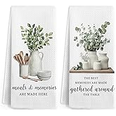 Gnmduw Eucalyptus Leaves Kitchen Towels, Sage Green Farmhouse Cooking Hand Towels Set of 2, Meals and Memories Are Made Here Hand Dish Tea Towel for Kitchen Bathroom Decor, Baking Gift for Chef,16x24