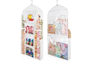 Woodoulogy Hanging Gift Wrapping Paper Storage, 48x24 (Extra Large) White Double-Sided Christmas Wrapper Bag Container, Oxford Long Craft Roll Organizer, Present Wrap Holder for Closet, Door