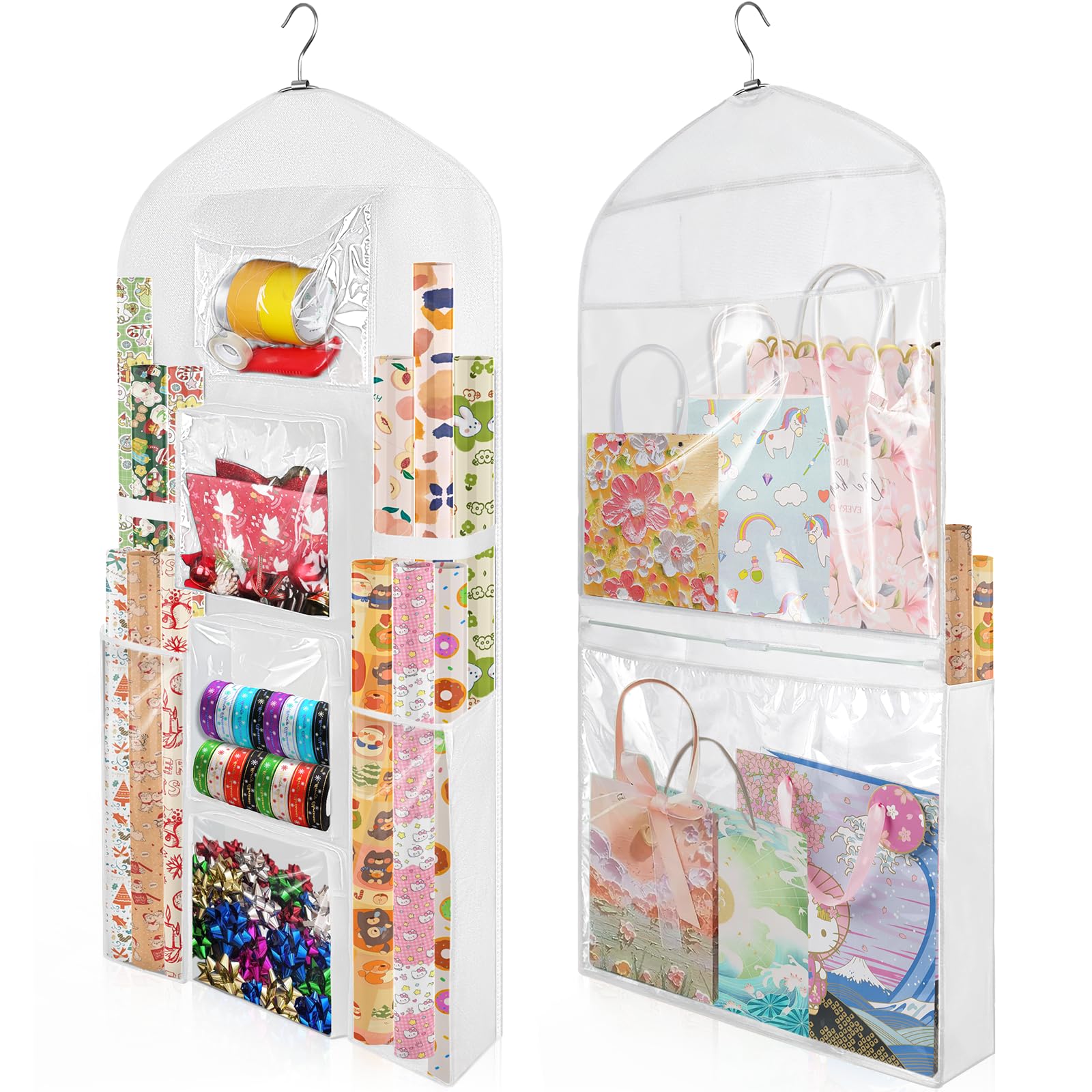 Photo 1 of Hanging Gift Wrapping Paper Storage, 48x24 (Extra Large) White Double-Sided Christmas Wrapper Bag Container, Oxford Long Craft Roll Organizer, Present Wrap Holder for Closet, Door