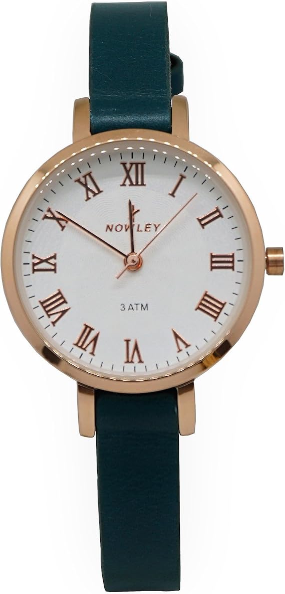 Reloj Mujer, Marca Nowley, Acero Caja y números Rosa, Correa Piel Verde: Amazon.es: Relojes