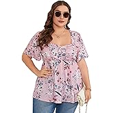 ShopWonder Women Plus Size Sweetheart Neck Tunic Tops Short Sleeves Pleated Peplum Babydoll Casual Blouse T shirts