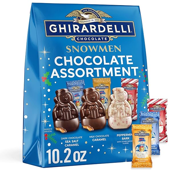 GHIRARDELLI CHOCOLATE ASSORTED SNOWMEN, HOLIDAY COLLECTION WITH MILK CHOCOLATE CARAMEL, DARK CHOCOLATE SEA SALT CARAMEL, AND PEPPERMINT BARK, 10.2 OZ BAG