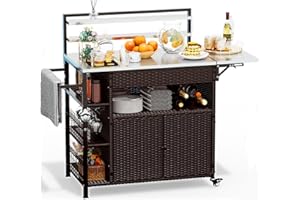 JFHID 60'' Outdoor Grill Cart with Storage, Patio Kitchen Island on Wheels&Spice Rack, Wicker Outdoor Grill Cart with Extended Stainless Steel Table Top Outdoor for Home Party Outside BBQ Bar