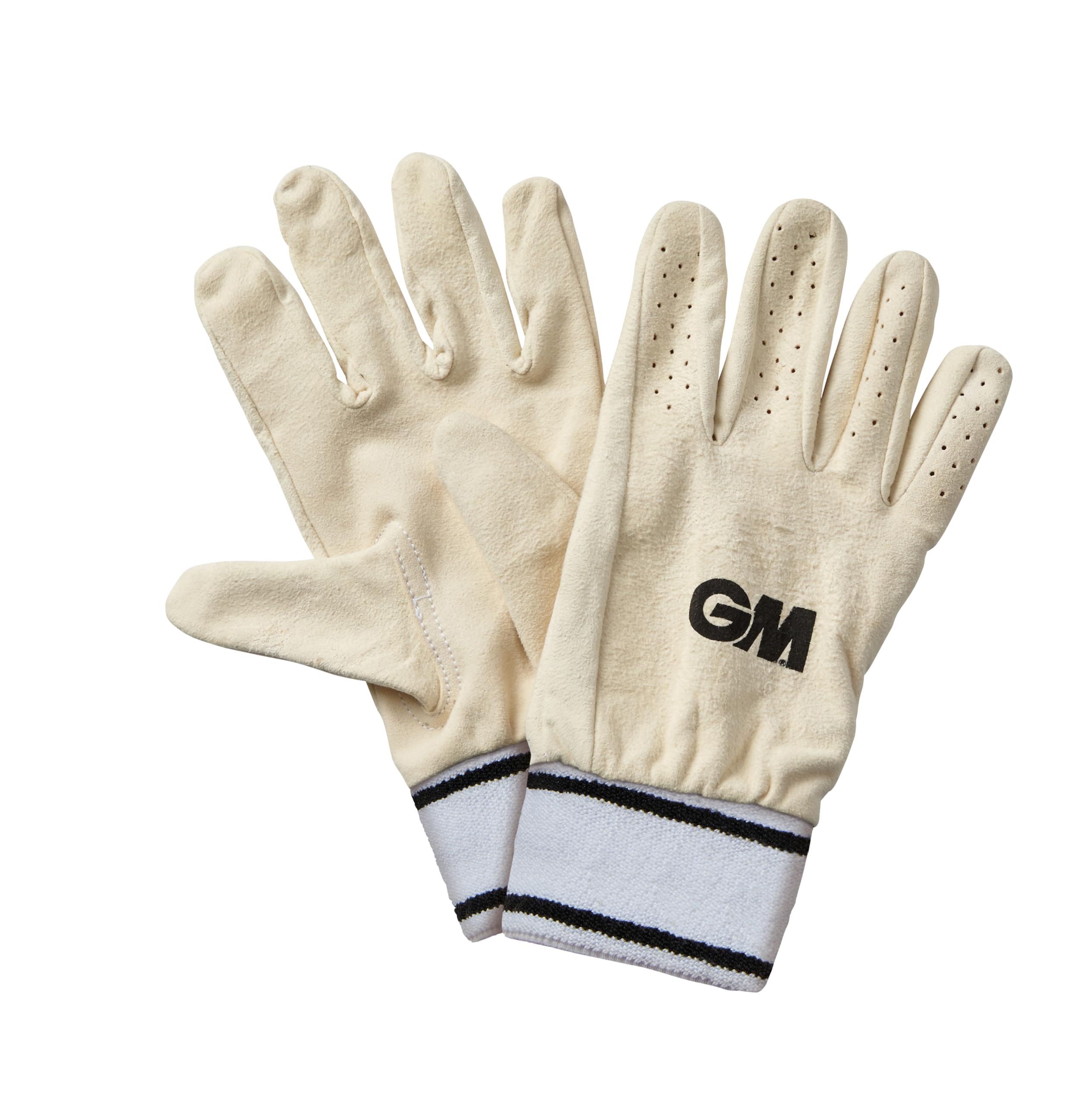 GM | Wicket Keeping Keeper Full Inner Gloves Cricket | Full Chamois Leather Ventilated Fingers | Sweatband with Hook-and-Loop Closure | Cream with GM Logo, White & Black Cuff Trim | Adult