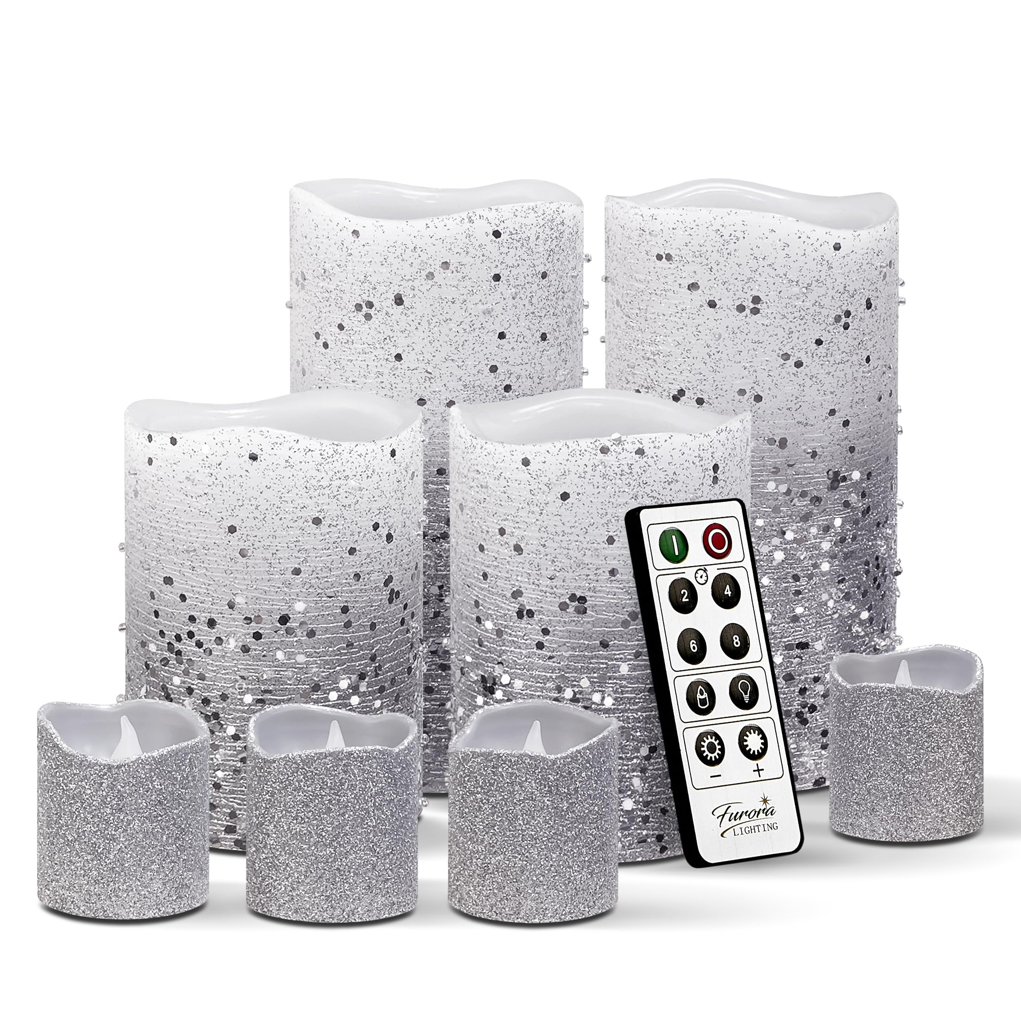 FURORA Lighting LED Flameless Candles with Remote – Battery-Operated Fake Candles Bulk Set of 8 – Small & Christmas Centerpieces, Silver Glittery