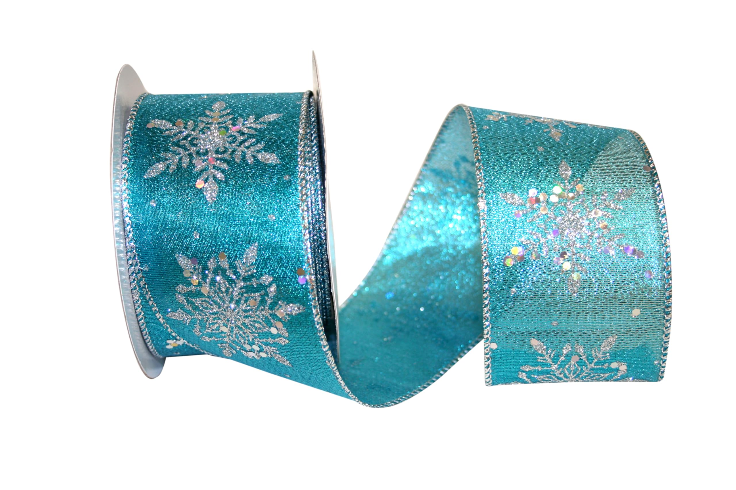 Reliant Ribbon 92440W-913-40H Glitter Snowflakes Glimmer Wired Edge Ribbon, 2-1/2 Inch X 20 Yards, Turquoise