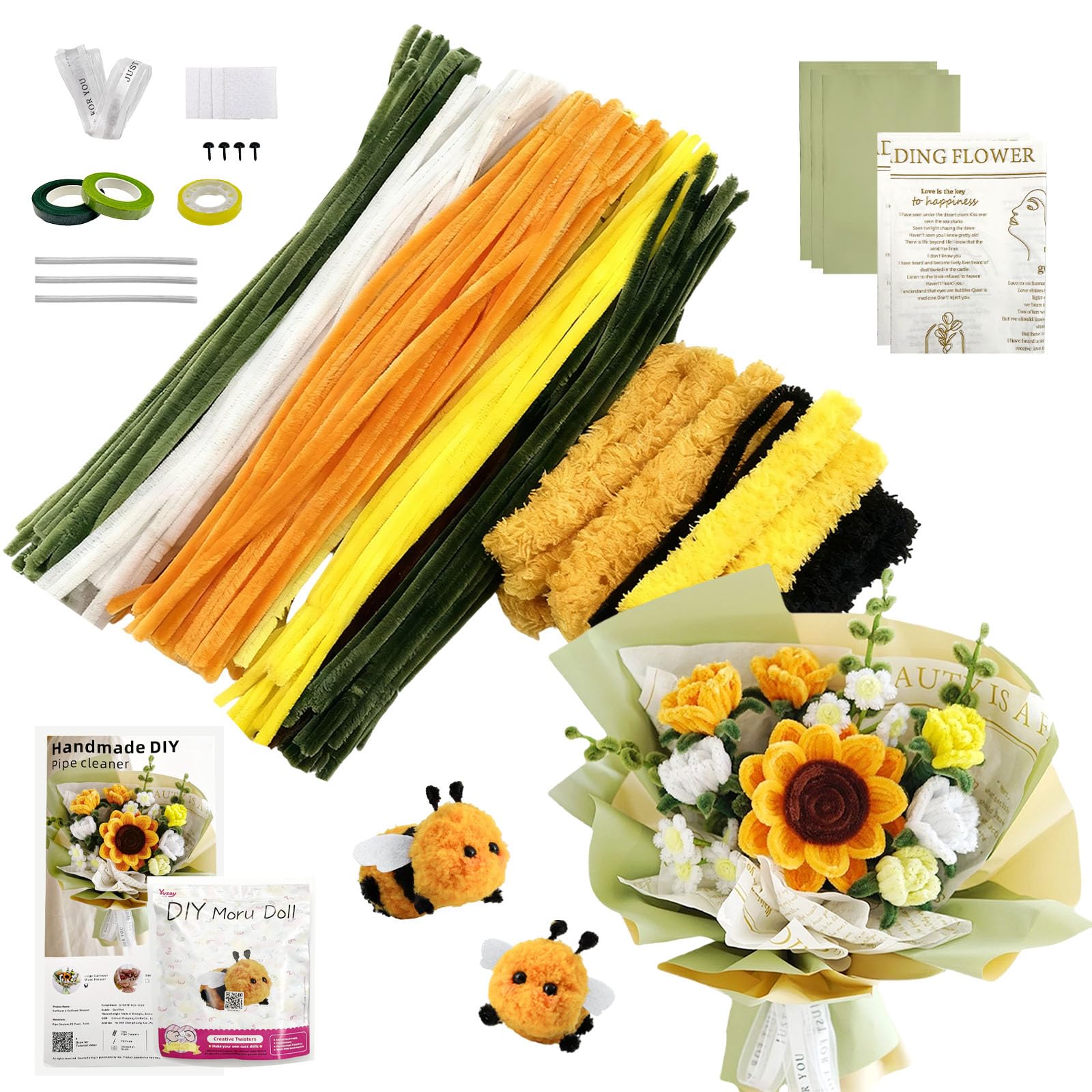 SNAIL GARDEN Pipe Cleaner Flower Kit Sunflower & Bees, 233 PCS Pipe Cleaners for DIY Craft Set for Beginners, Create Your Own Bouquet with 2 Adorable Bees, Complete Supplies