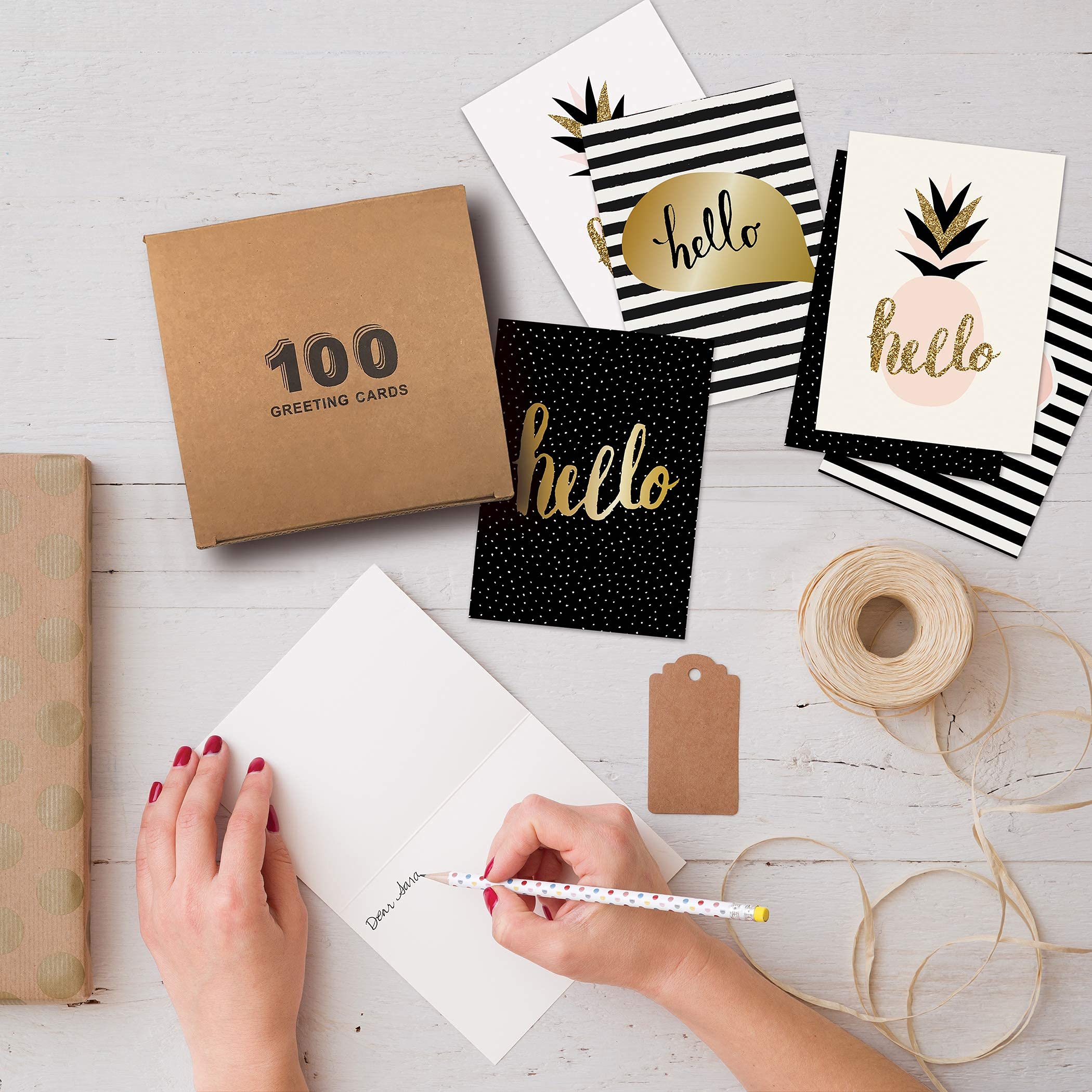 Better Office Products Hello Greeting Cards, All Occasion Card, 4 x 6 inch, 4 Elegant Cover Designs, Blank Inside, Thinking of You Cards, Hello Note Cards, with Envelopes, 100 Pack