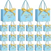 Jetec 45 Pcs Mini Paper Gift Bag Bulk 5.5 x 4.7 x 2.5'' Small Thank You Favor Bag with Handle Bow Ribbon for Valentine Wedding Baby Bridal Shower Birthday Anniversary Party(Sky Blue/gold)