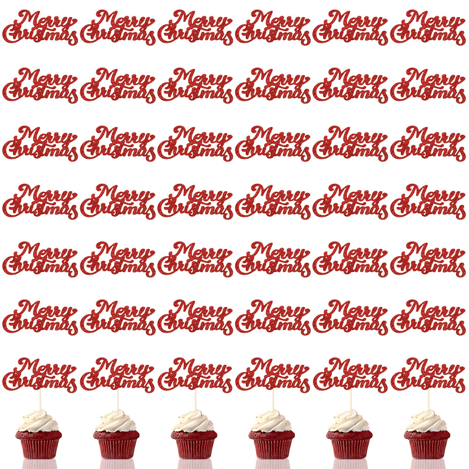 Photo 1 of 60 Pieces Red Merry Christmas Cupcake Toppers Glitter Xmas Holiday Cupcake Picks Christmas Party Cake Decorations Toothpicks for Xmas Party Cupcake Fruit Picks Dessert Toppers Decor