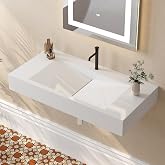 Weibath 35'' Bathroom Vessel Sink V-Shaped Bathroom Sink Wall-Mount Stone Resin Floating Sink in Glossy White