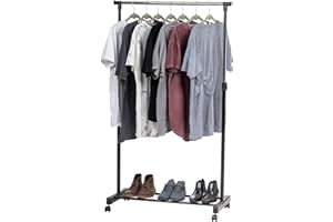 IRIS USA Portable Single-Rod Height Adjustable Clothes Rack with Lockable Wheels, Rolling Garment, Sigle Rod Wardrobe Rack, E