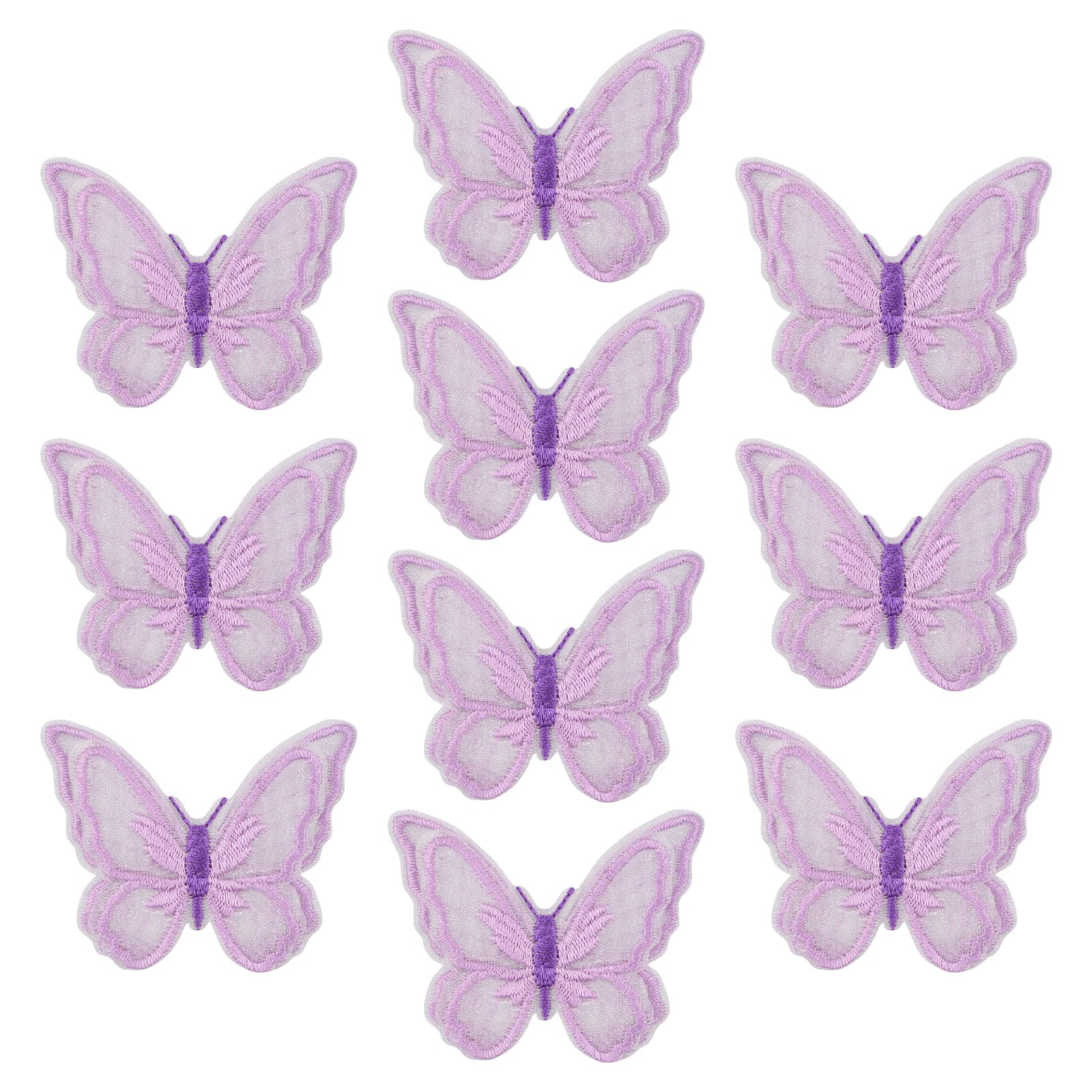 URROMA Butterfly Appliques Embellishments, 10 Pcs Purple Lace Appliques for Sewing On Double Layers Organza Lace Patches for Wedding Bride Hair Accessories
