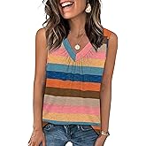 OFEEFAN Tank Top for Women Loose Fit Sleeveless Shirts V Neck Summer Clothes Ruched Women's Tees and Tanks Curved Hem