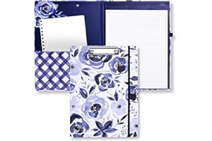 STEEL MILL AND CO. Steel Mill & Co Cute Clipboard Folio with Refillable Lined Notepad and Interior Storage Pocket, Floral Padfolio for Work, Blue Watercolor