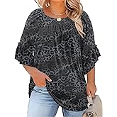 Micoson Womens Plus Size Tops 3/4 Ruffle Sleeve Shirts Crewneck Pleated Blouses Dressy Casual Fashion Tunic Top (1X-5X)