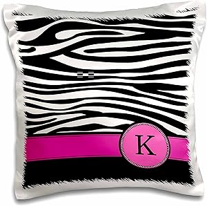 3dRose pc_154282_1 Letter K Monogrammed Black and White Zebra Stripes Animal Print with Hot Pink Personalized Initial Pillow Case, 16" x 16"