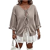 Verdusa Women's Plus Size Bow Tie Slit Cardigan Sweaters Coquette Ruffle Drop Shoulder Knit Outerwear