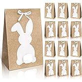FYSUIMU 49 Pcs Easter Bunny Party Favor Bags White Rabbit Kraft Paper Treat Bags with Pompoms Ribbon Candy Goodie Bags for Spring Birthday DIY Craft Supplies