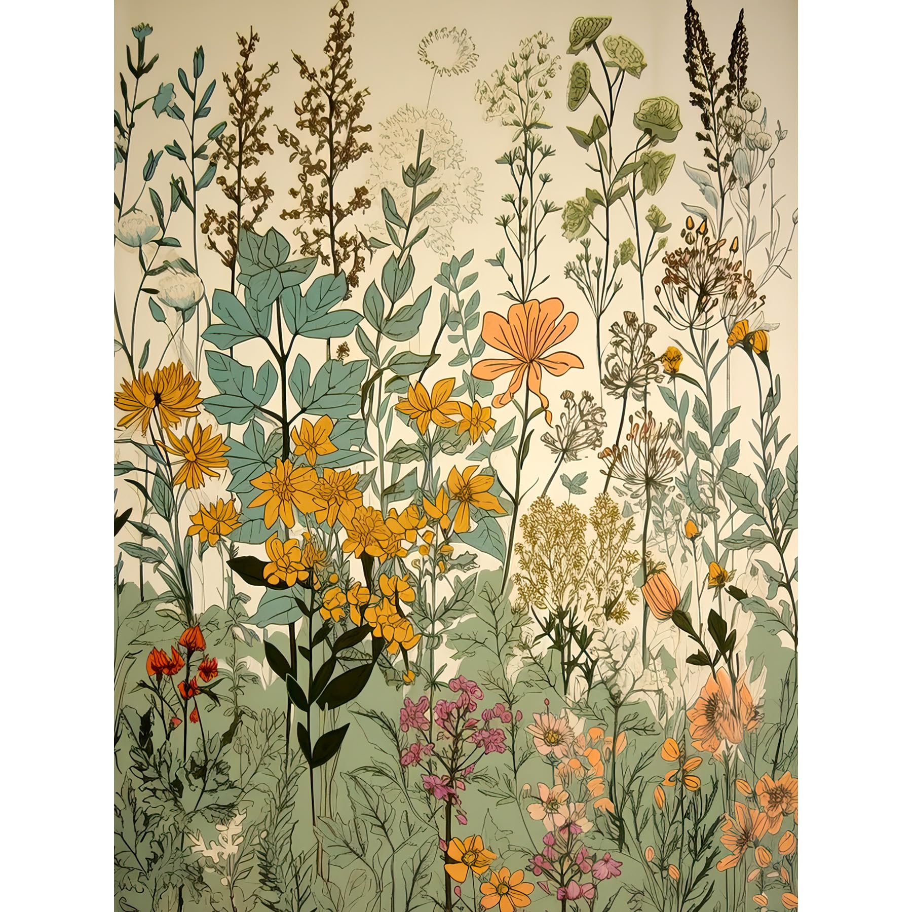 Artery8 Wildflower Vintage Botanical Painting Pastel Yellow Green Teal Pink Spring Field Extra Large XL Wall Art Poster Print