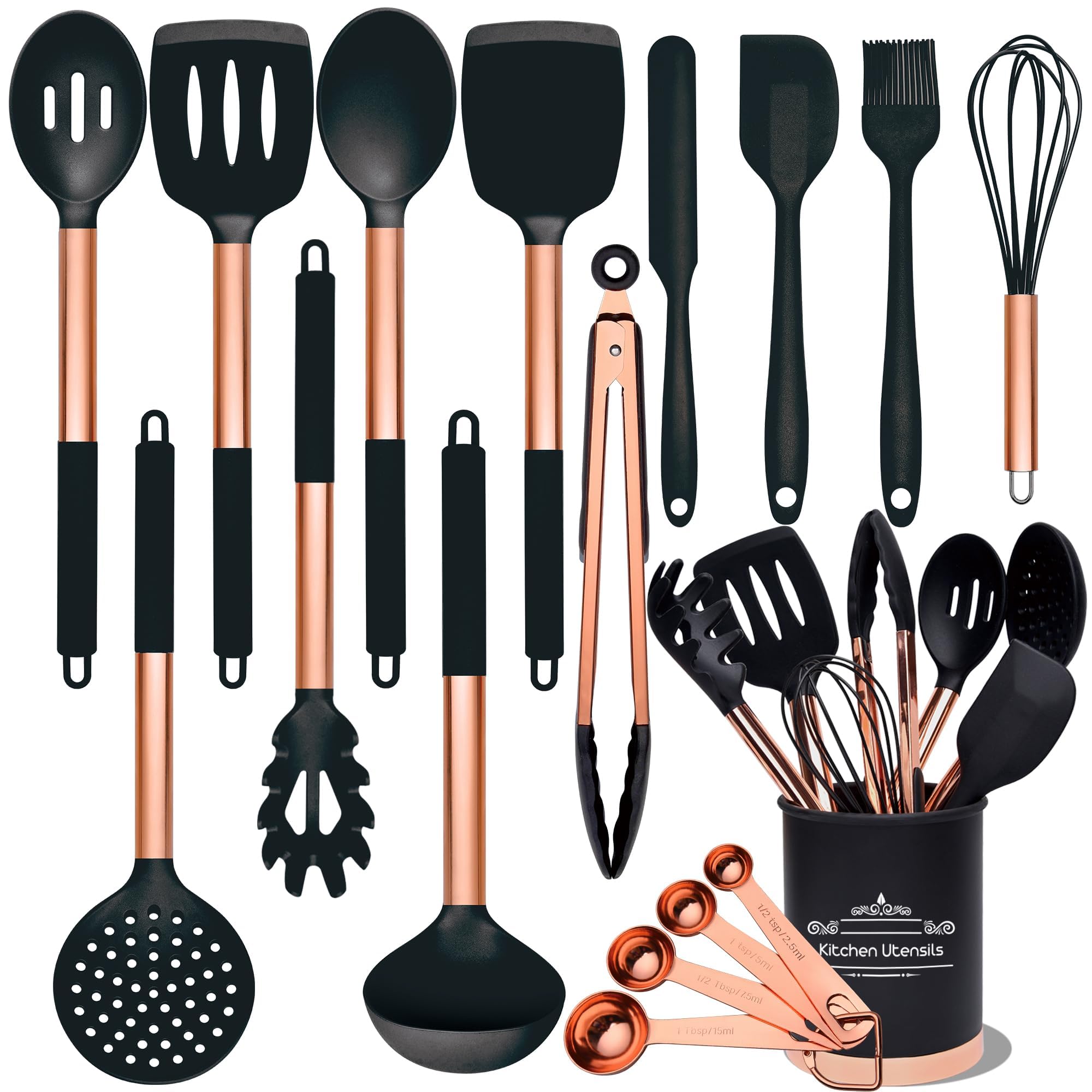 BBN Silicone Kitchen Utensils Set, 17 Pcs Non-Stick Silicone Utensils for Cooking, Heat Resistant, Rose Gold Kitchen Accessories
