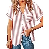 Zeagoo Womens Button Down Shirts Striped Classic Short Sleeve Cotton Collared Office Work Blouses Tops with Pocket